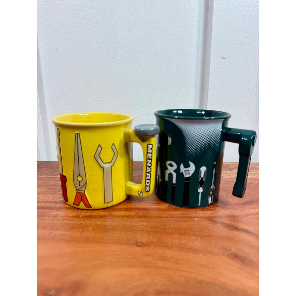 Menards Coffee Mug 3D Tools Graphic Set of 2 Yellow & Green Tool Handles Ceramic - Picture 2 of 13
